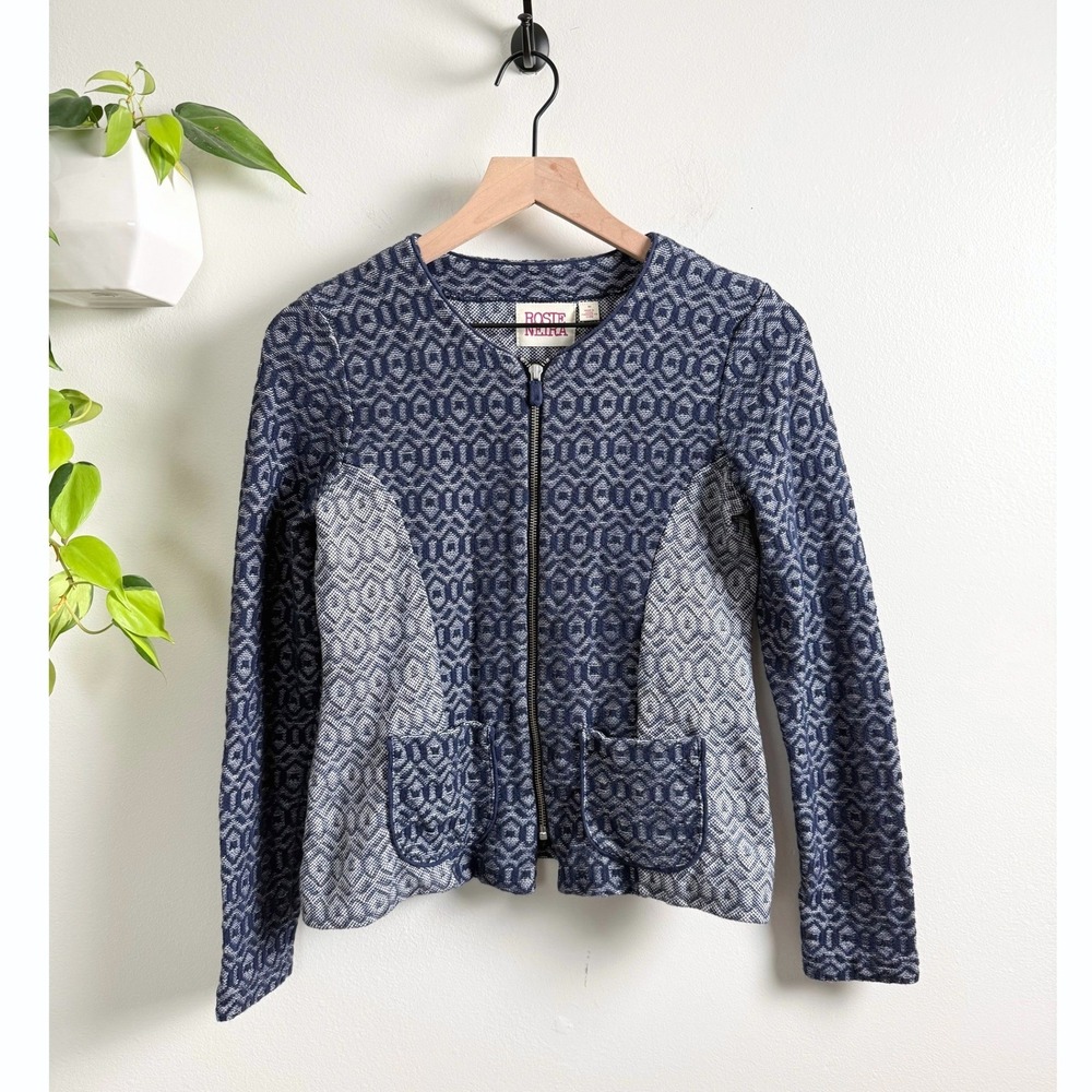 Rosie Neira Anthropologie Navy White Geometric Zip Up Cotton Jacket M Jacquard